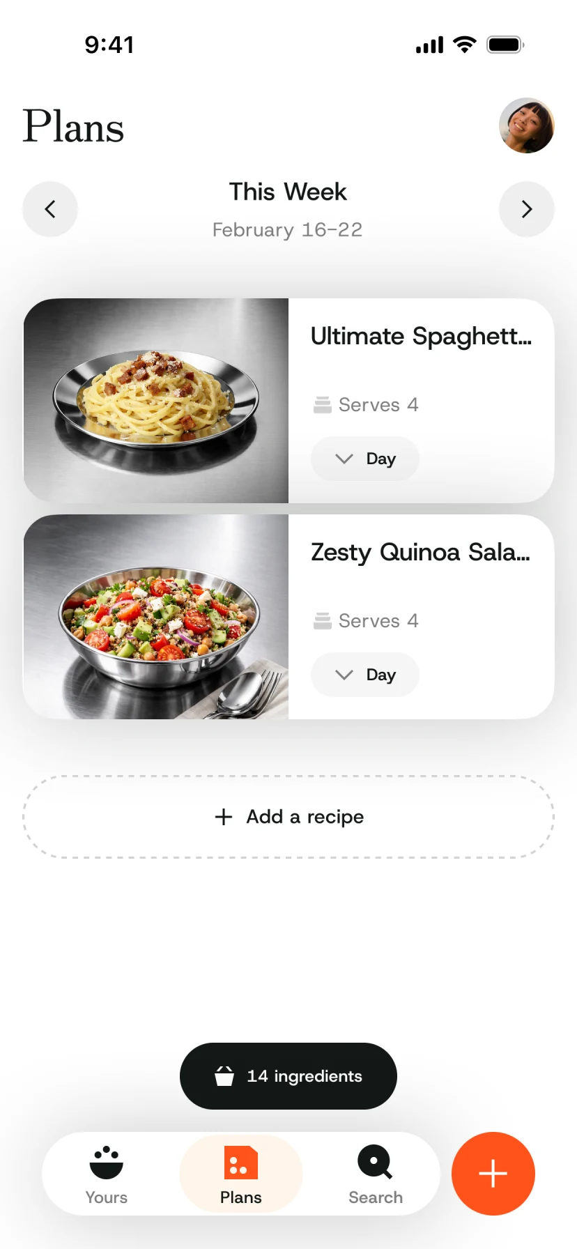 Master Meals weekly plan with recipes and a consolidated ingredient count